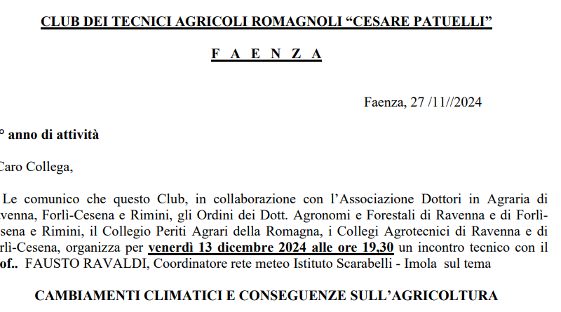 Bagnacavallo (RA), 13 dicembre 2024 – Club dei Tecnici Romagnoli “Cesare Patuelli” – Incontro tecnico “Cambiamenti climatici e conseguenze sull’agricoltura”