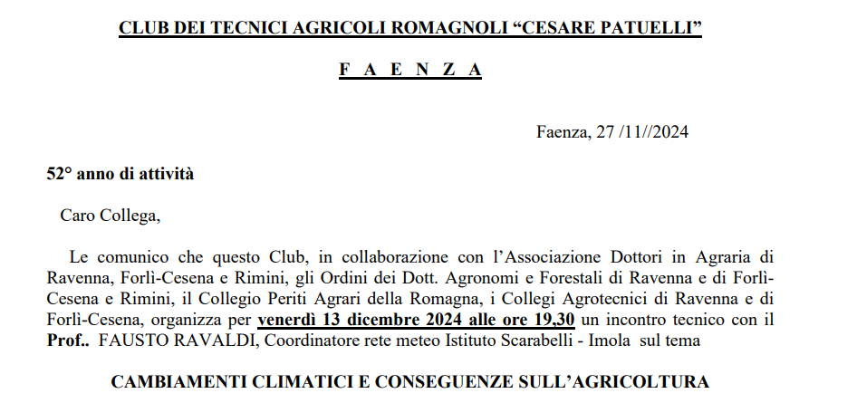 Bagnacavallo (RA), 13 dicembre 2024 – Club dei Tecnici Romagnoli “Cesare Patuelli” – Incontro tecnico “Cambiamenti climatici e conseguenze sull’agricoltura”